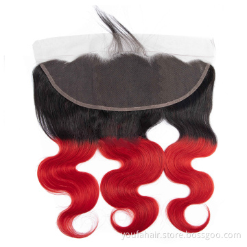 Wholesale 9A Grade Brazilian Hair 1b Red/99J/Burgundy HD Lace Frontal Hair Extension Body Wave Ombre Lace Frontal with Closure